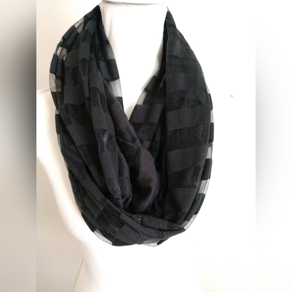 Cejon Black Infinity Scarf Sheer and Solid Stripes Circle Loop